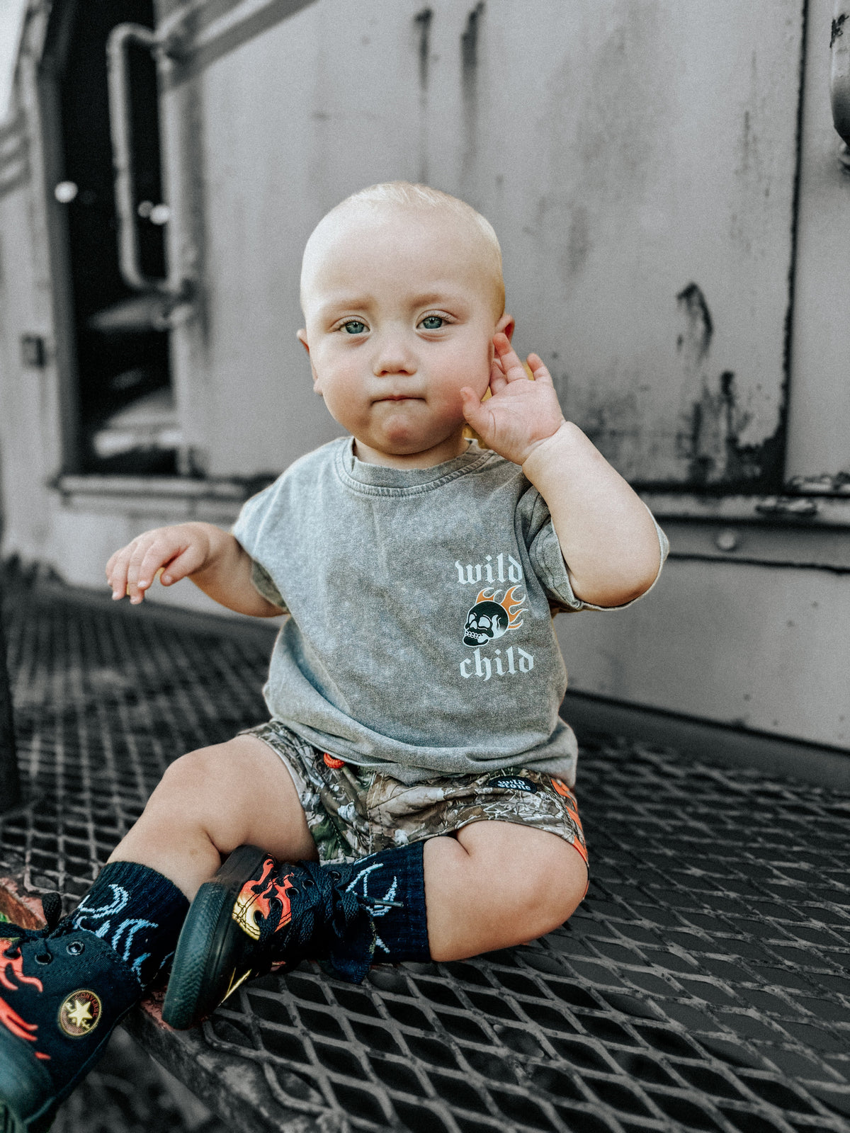 Grey acid wash logo tee