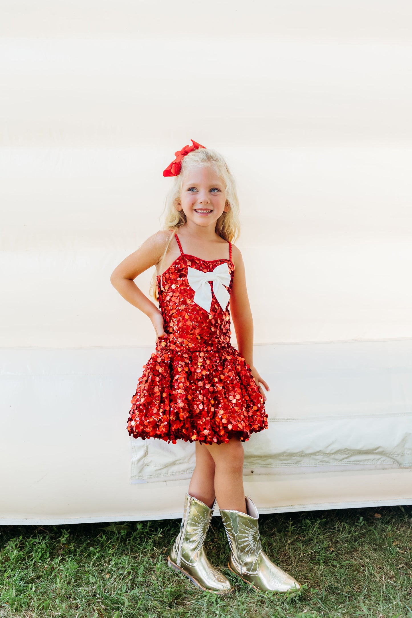 Red Sequin Bubble Bow Dress - PREORDER