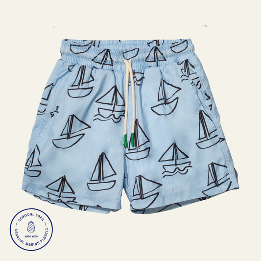 UPF 50+ Recycled Fishing Net Sailboats Kid Swim Trunk