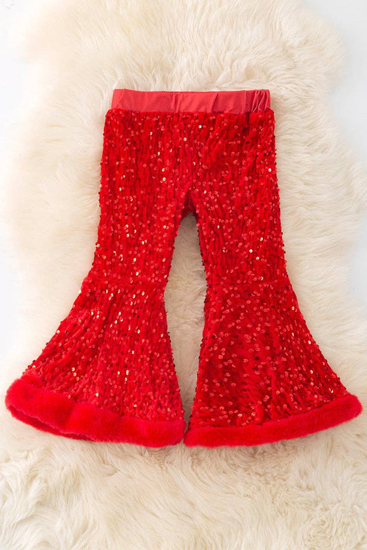 Red sequins bell bottoms with faux fur trim