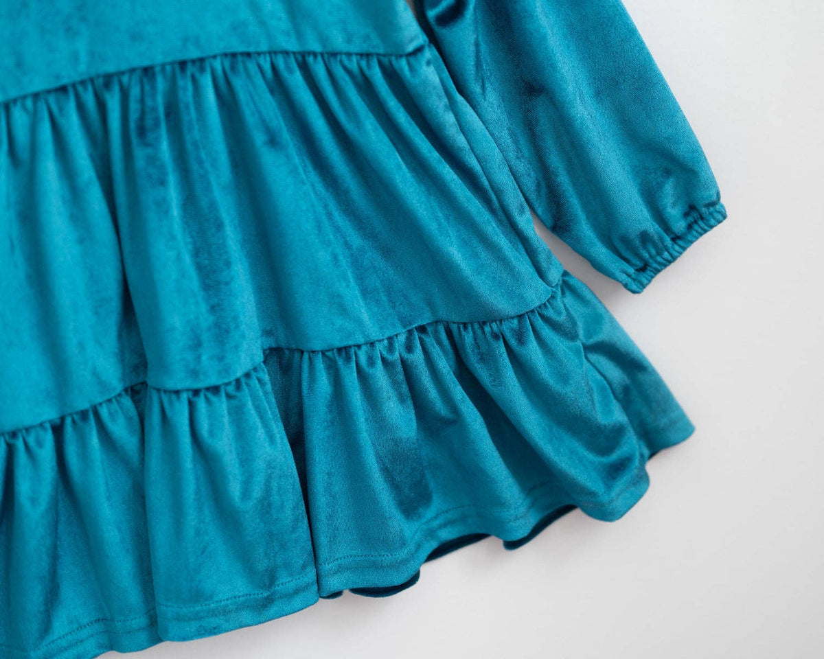 Groovy Velvet Gemstone Girls Winter Dress in Teal