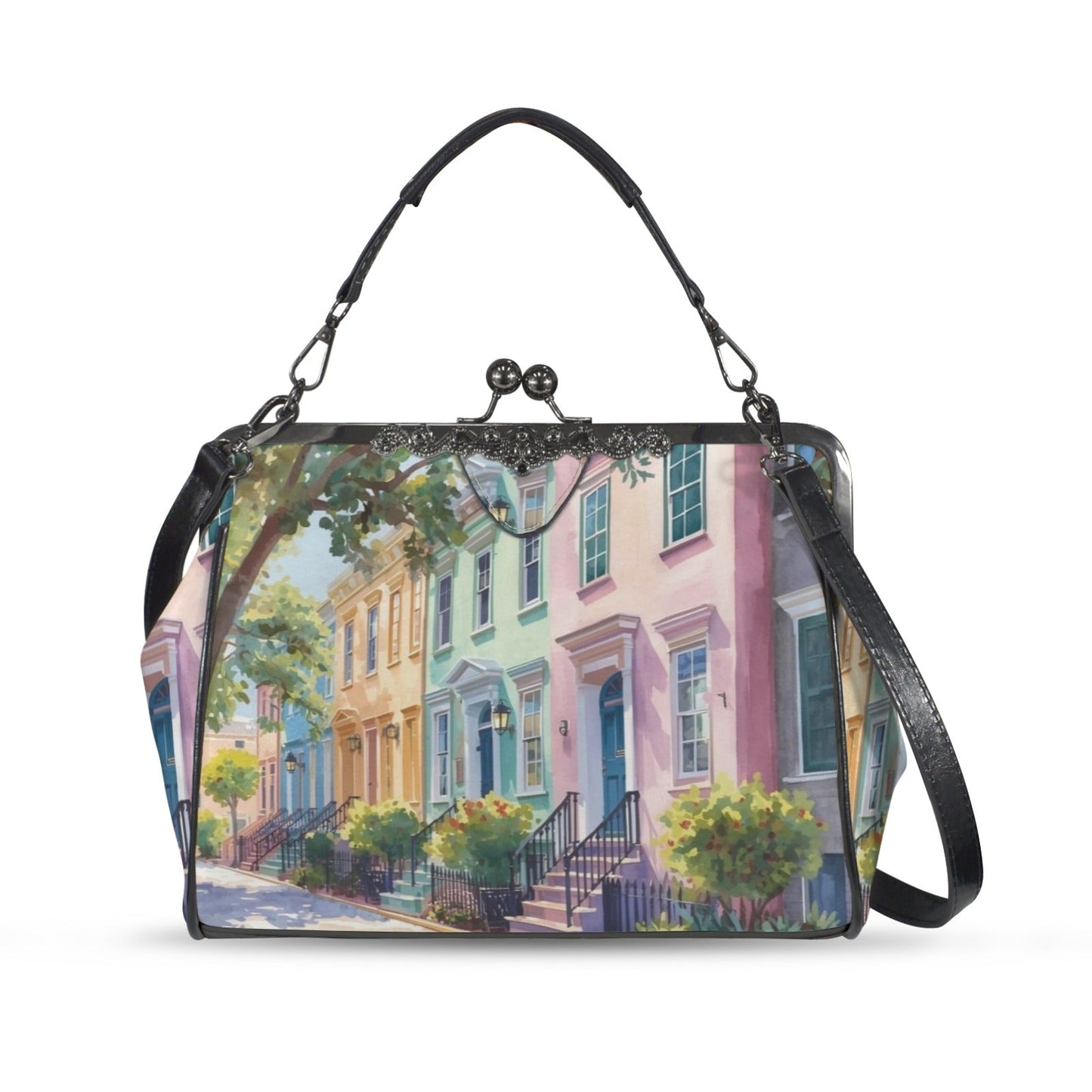 Charleston South Carolina Rainbow Row Preppy Vintage Kisslock Handbag/Shoulder Bag