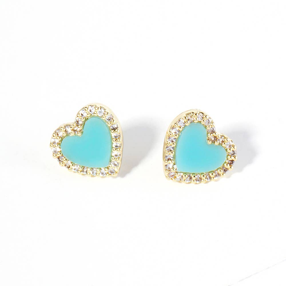 Gold Dipped CZ Stone Paved Rim Heart Stud Earrings