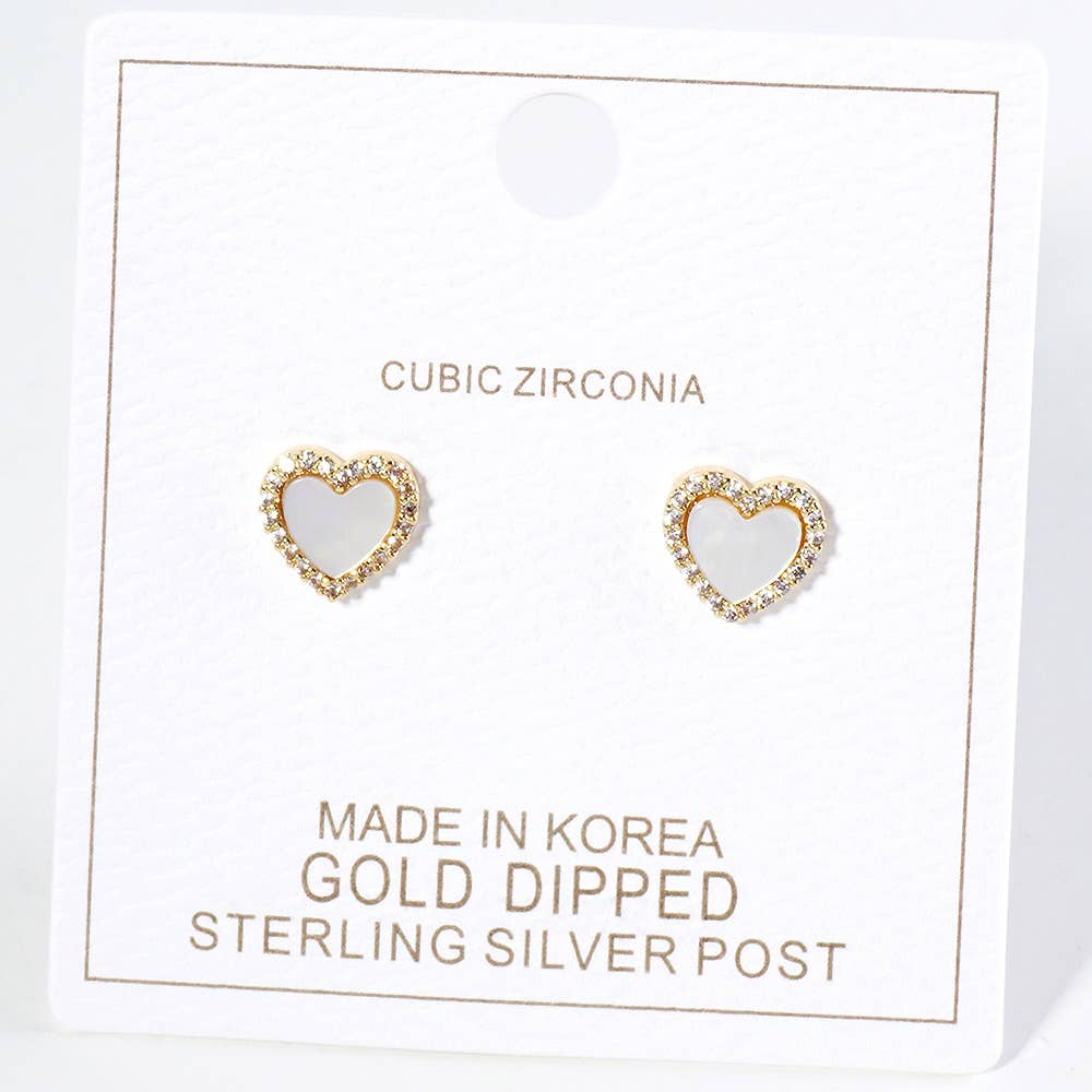 Gold Dipped CZ Stone Paved Rim Heart Stud Earrings