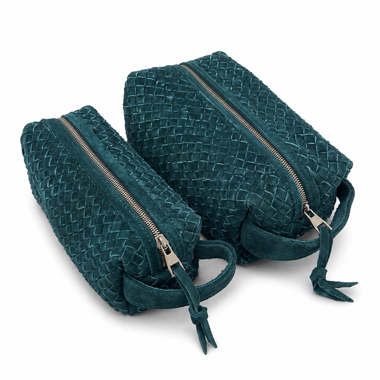 Teal Suede Woven Leather Makeup Bag