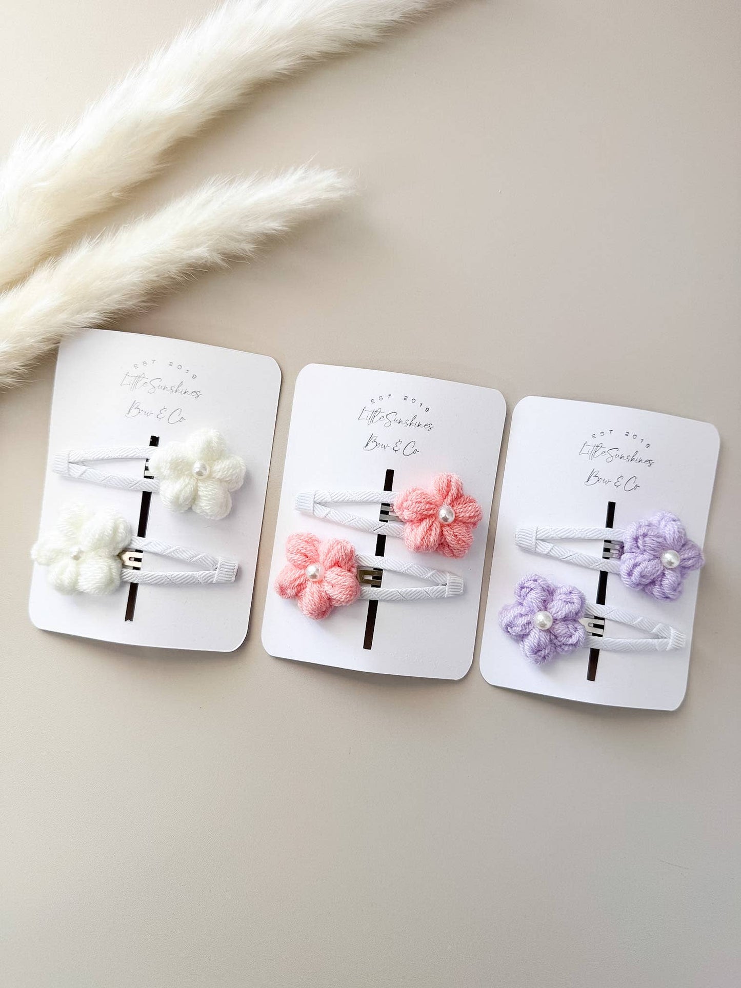 White, Pink & Lavender Crochet Flower Hair Clips- Set of 2