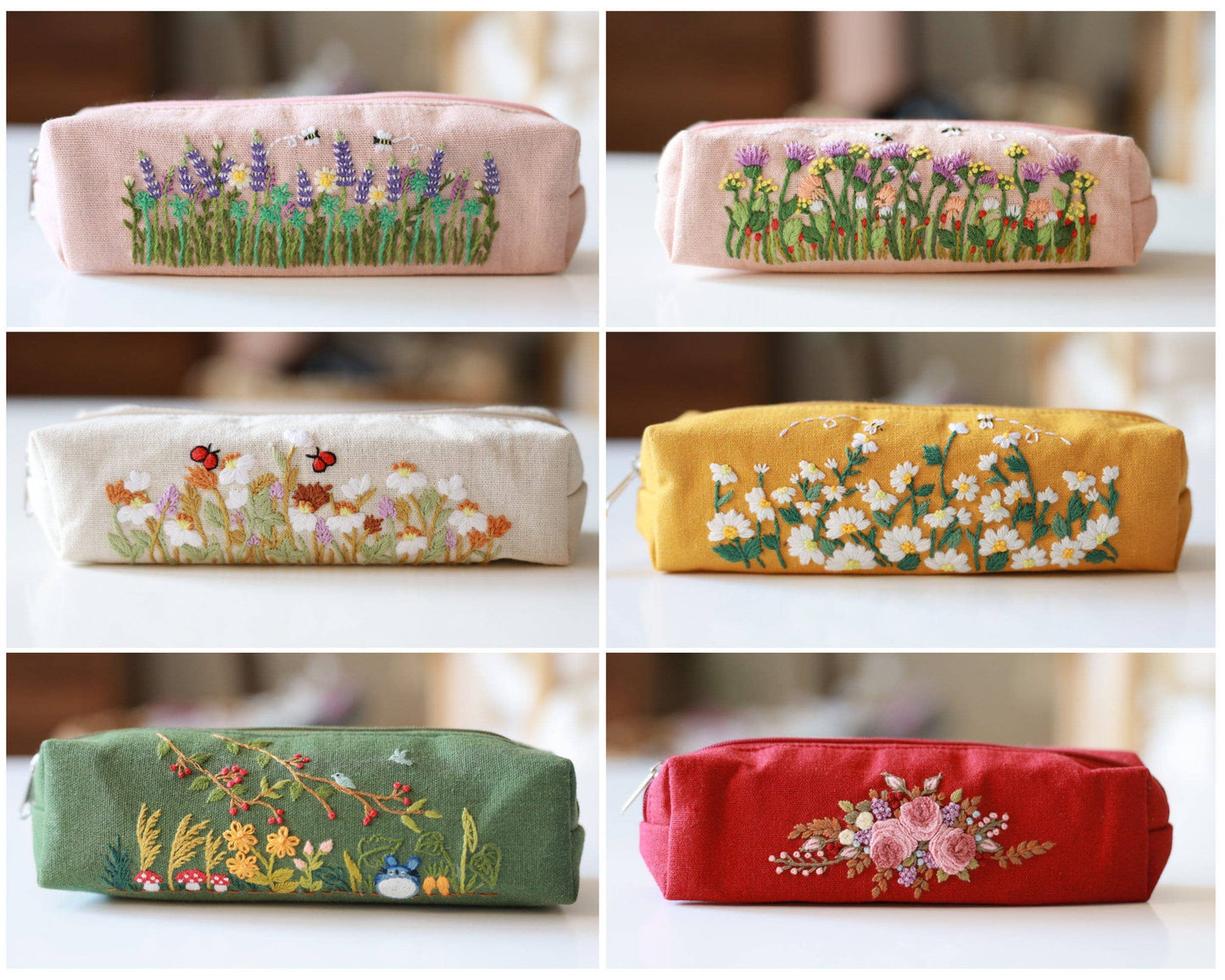 Hand Embroidered Pencil Case with Flower Embroidery