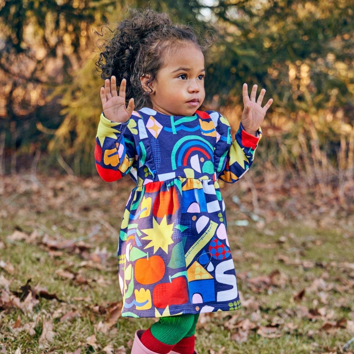 Recycled Cotton Pattern Baby Ruffle Dress - Blue Ribbon Multi