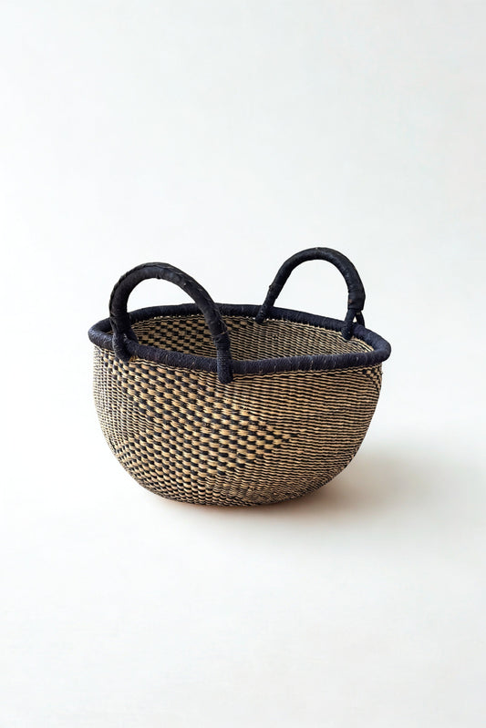 Handwoven Natural & Black Checkerboard Bolga Basket - Large Round