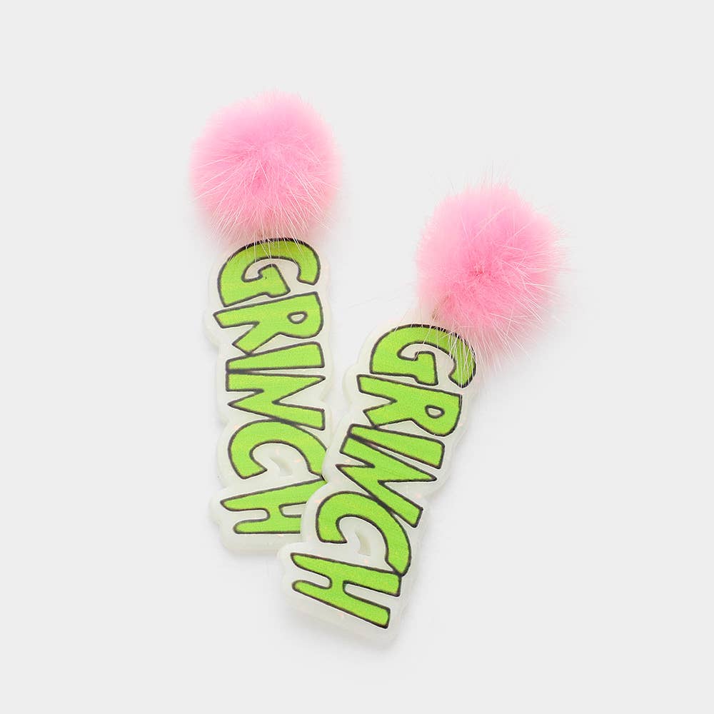 Pom Pom Resin Grinch Message Drop Dangle Earrings