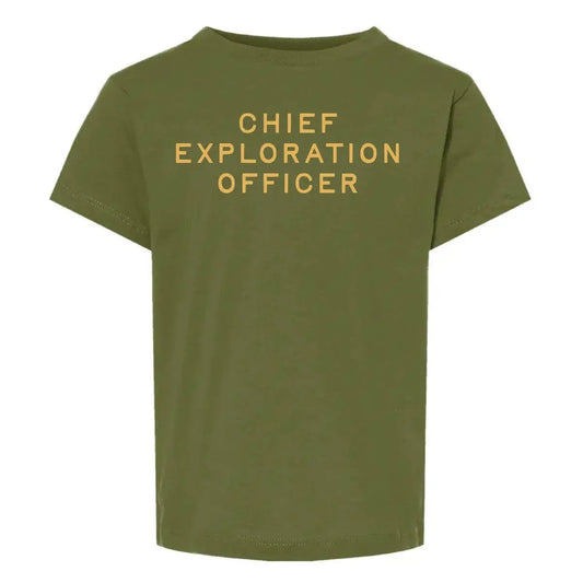 Chief Exploration Officer Toddler Graphic Tee. Olive.