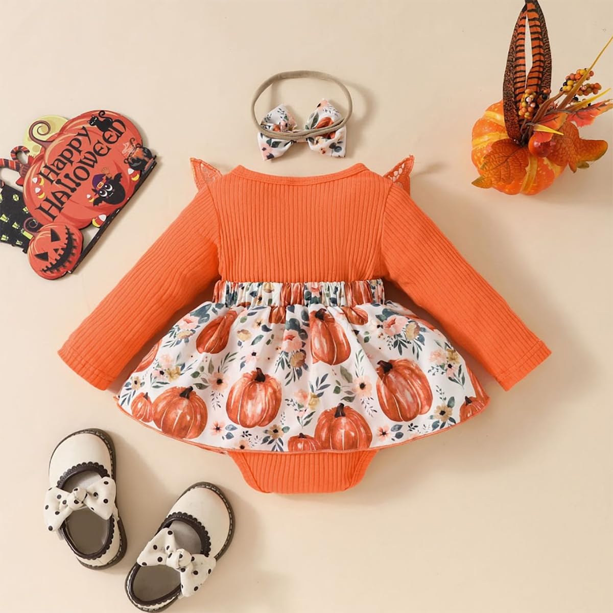Infant Baby Girl Orange Fall Pumpkin Long Sleeve Lace Romper Dress & Bow Headband 2pcs Autumn Harvest Outfit