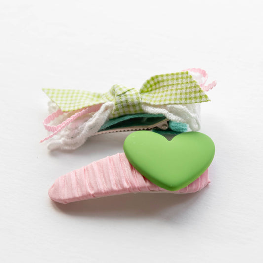 Heart and Checkered Ribbon Hair Clip - Green & Pink