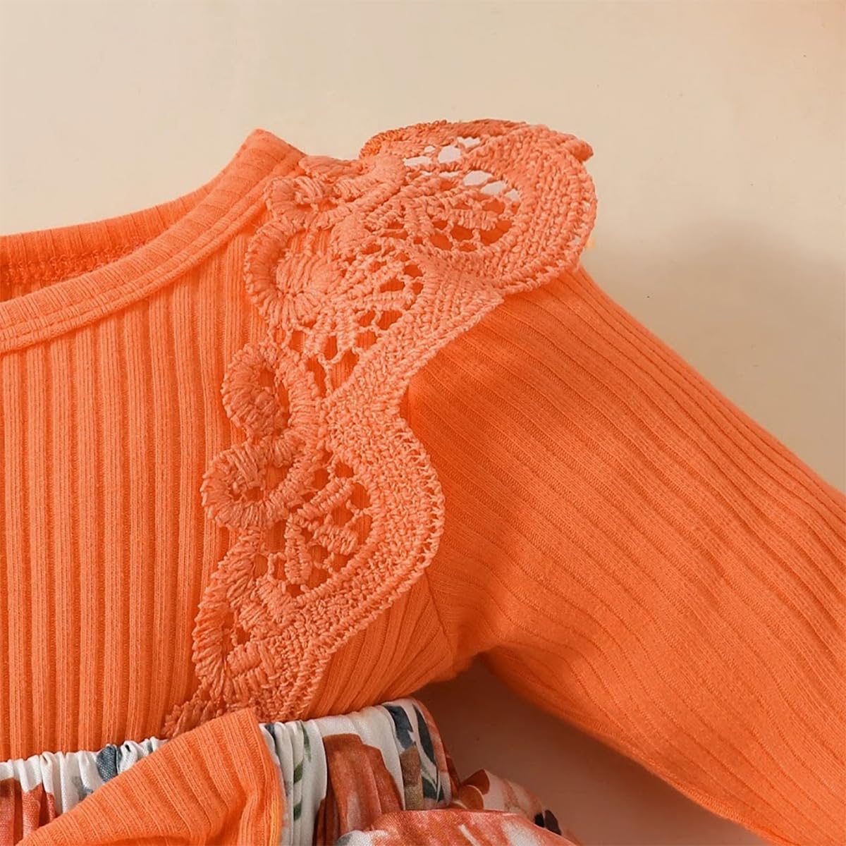 Infant Baby Girl Orange Fall Pumpkin Long Sleeve Lace Romper Dress & Bow Headband 2pcs Autumn Harvest Outfit