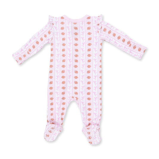 Football Bow Stripe - 2 Way Ruffle Sleeve Zipper Footie