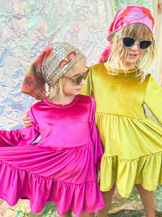 Groovy Velvet Gemstone Girls Dress in Greenish Gold