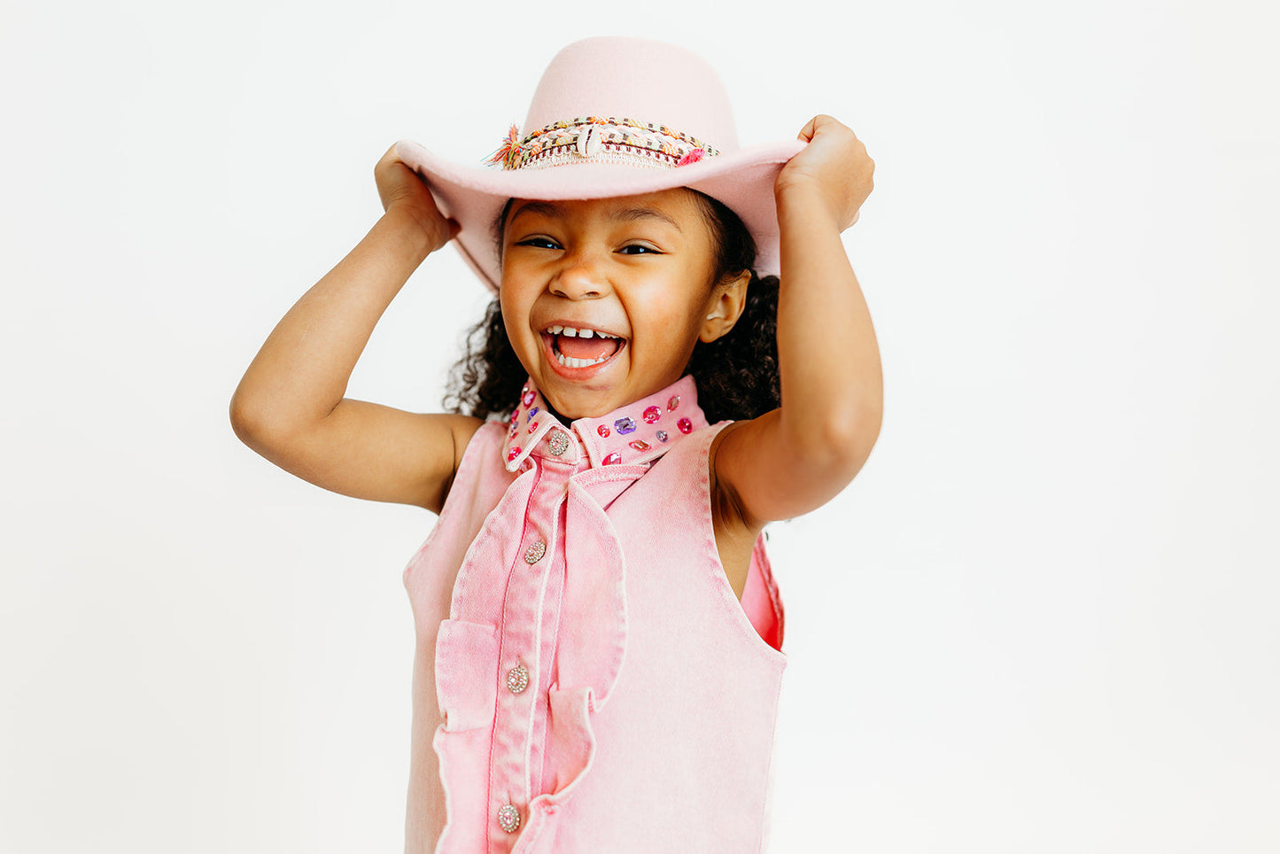 Pink Ruffle Gem Denim Dress