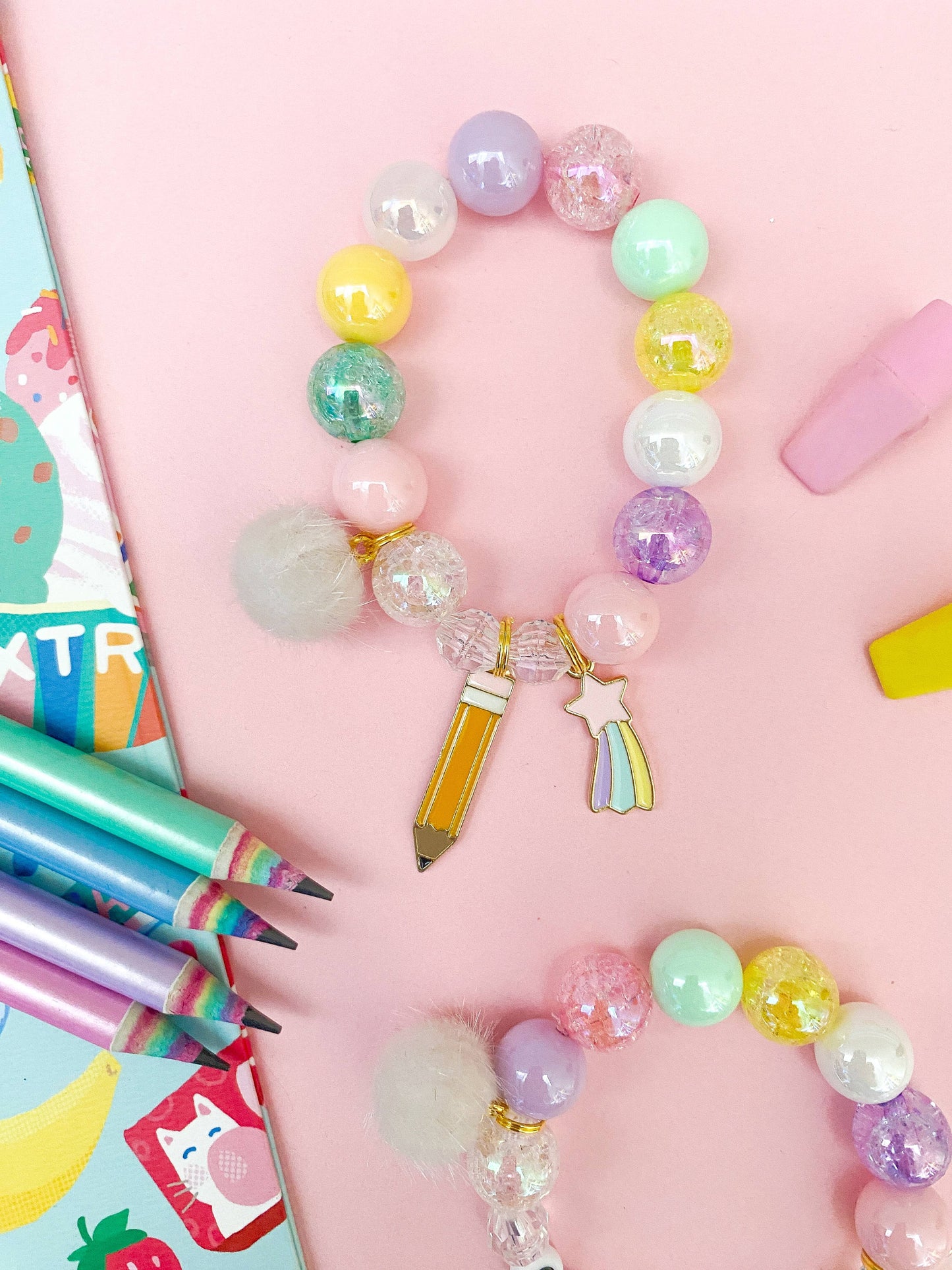 Kids Back to School Charm Bracelet, Pencil, Shooting Star
