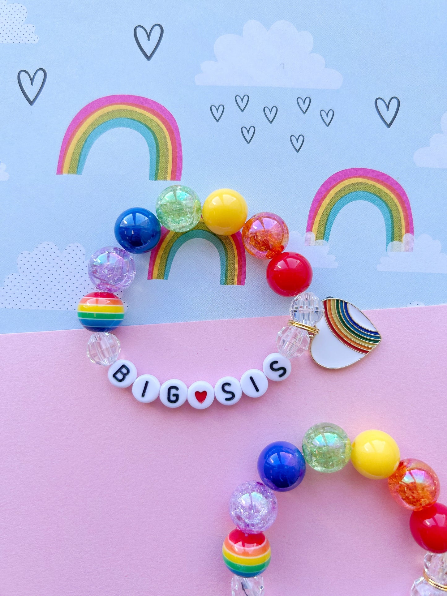 Big Sis OR Lil Sis Rainbow Heart Charm Bracelet
