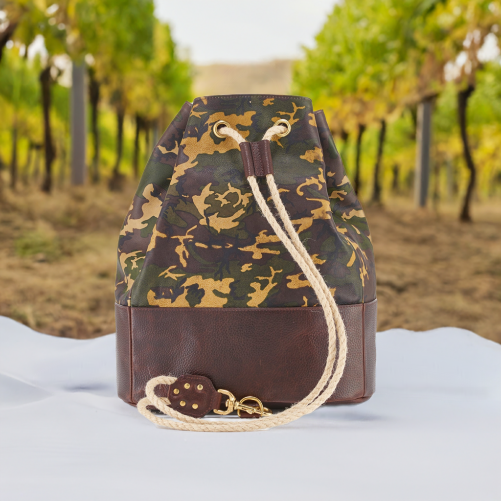 Wanderlust Leather Cinch Duffle Bag - Tan Camo