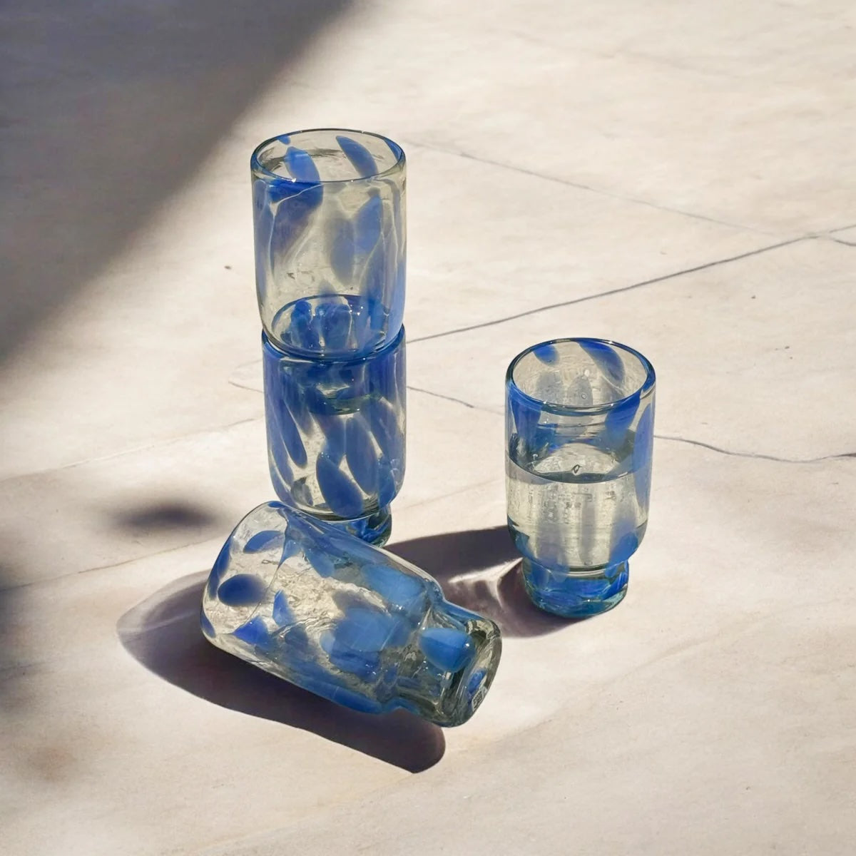 S/4 Frida Tall  Stackable Glass - Blue & Clear