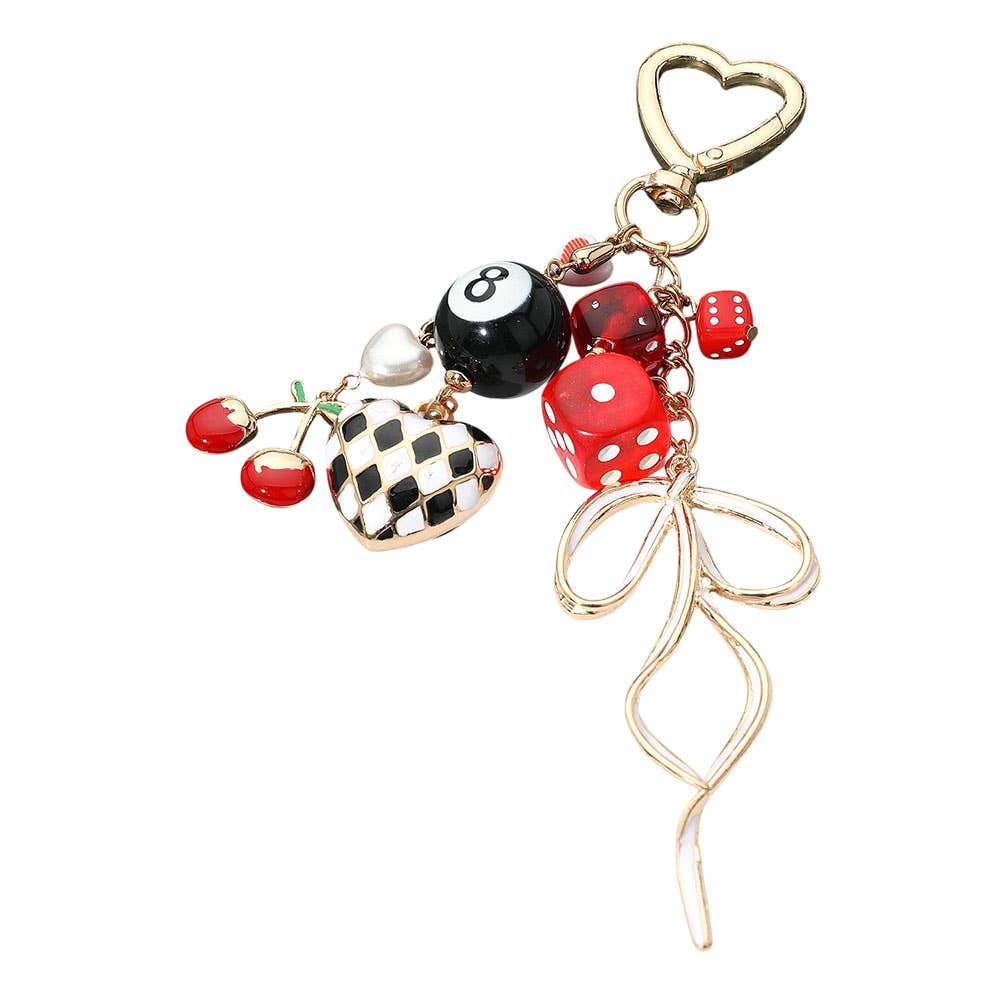 Cherry Bow Dice Heart Charm Embellished Keychain / Bag Charm