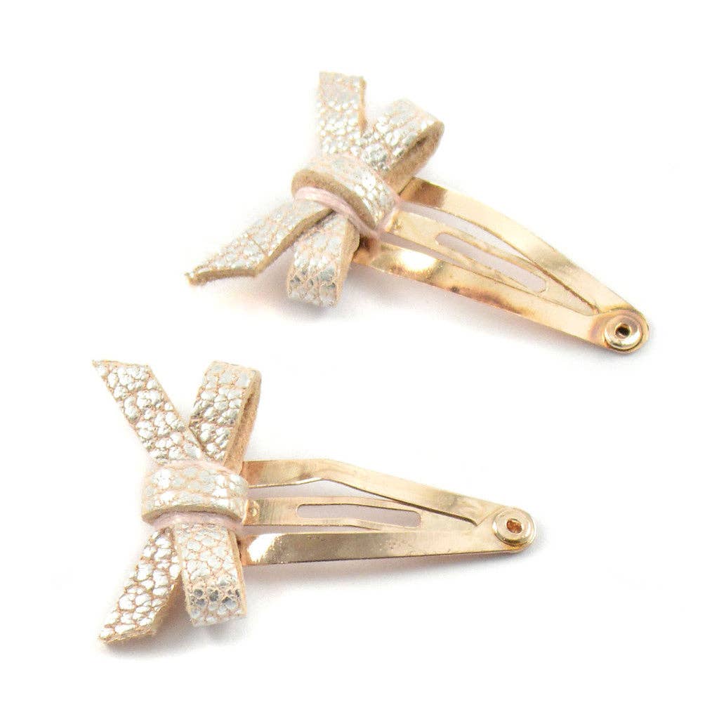 Metallic Baby Bow Hair Clips – Brass Leather (Pair)