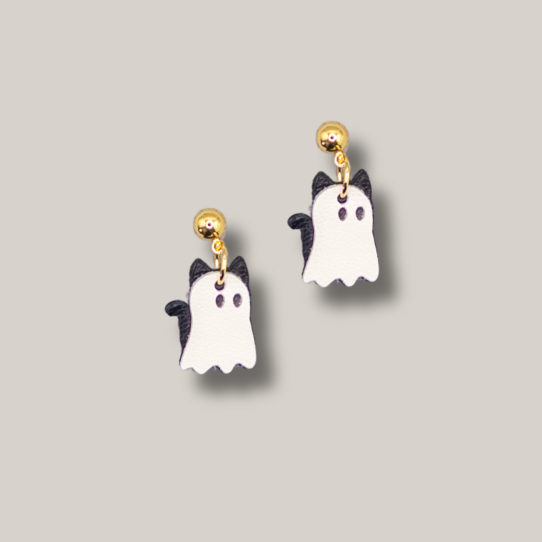 Mini Ghost Cats Studs // Halloween, Fall, Leather, Earrings: Light Pink