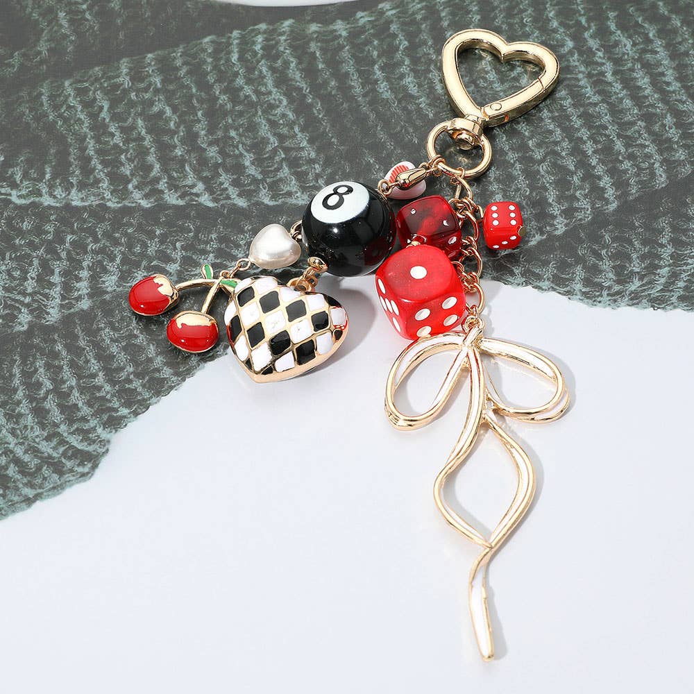 Cherry Bow Dice Heart Charm Embellished Keychain / Bag Charm