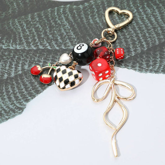 Cherry Bow Dice Heart Charm Embellished Keychain / Bag Charm