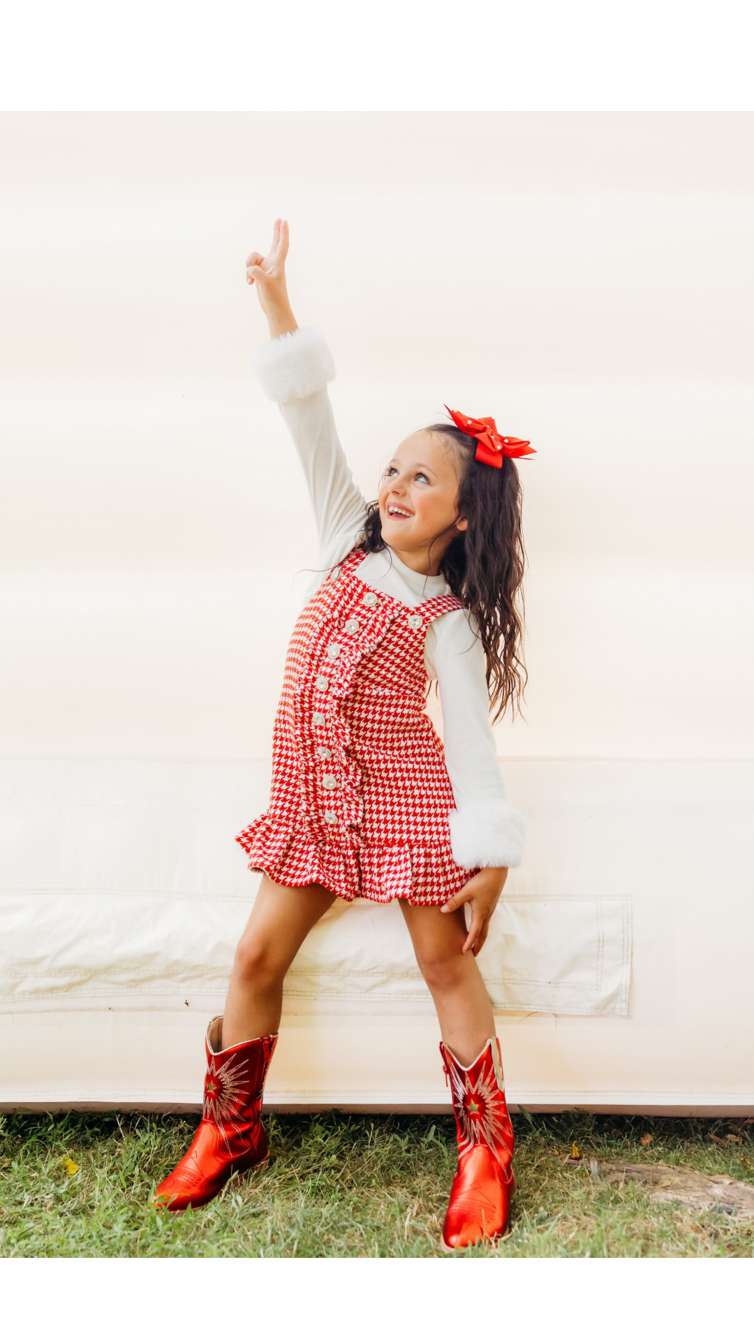 Red and White Houndstooth Ruffle Button Jumper Dress- preorder