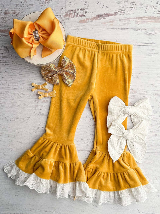 Mustard Lace Trimmed Velvet Bell Bottoms: Fall 2025