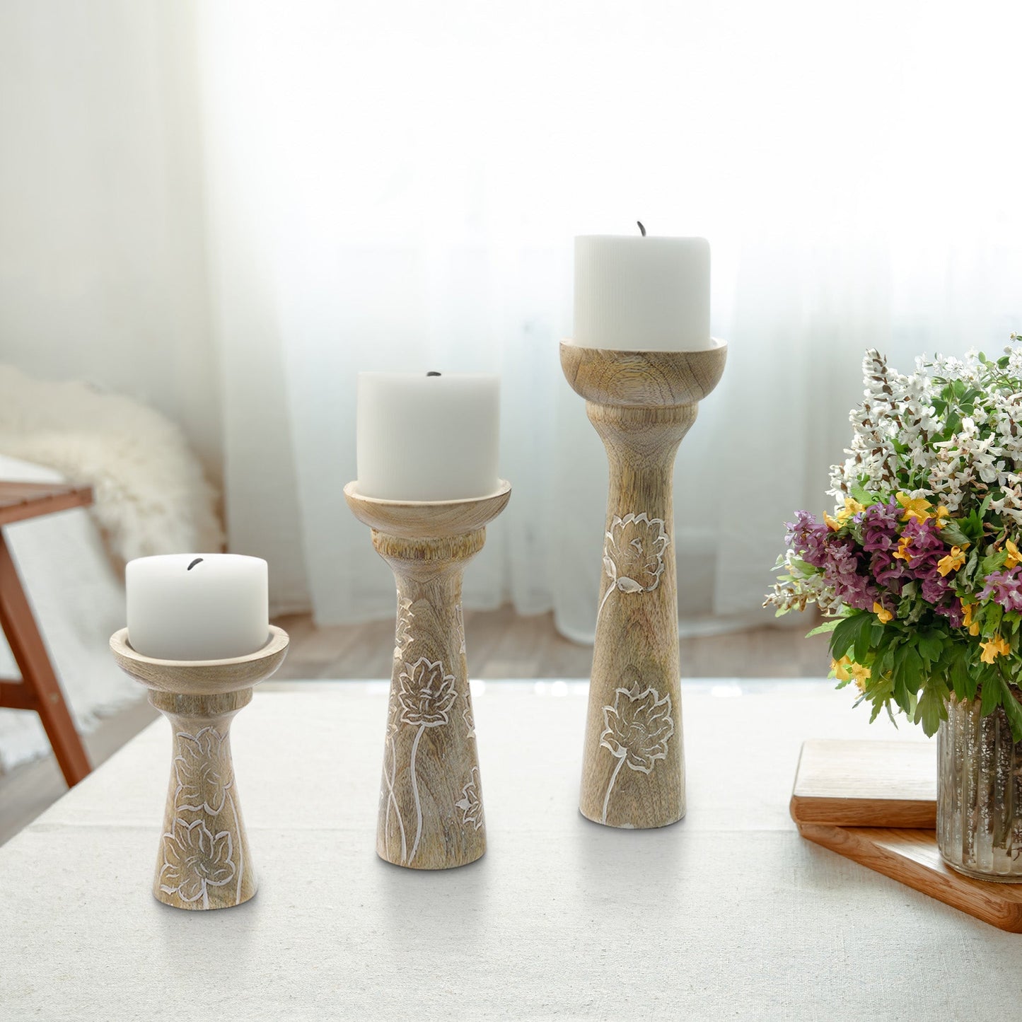 Floral Vine Mango Wood Pillar Candleholders – Rustic White Set of 3