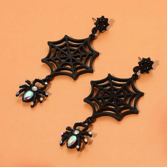 Crystal Accent Halloween Spider Web Drop Dangle Earrings