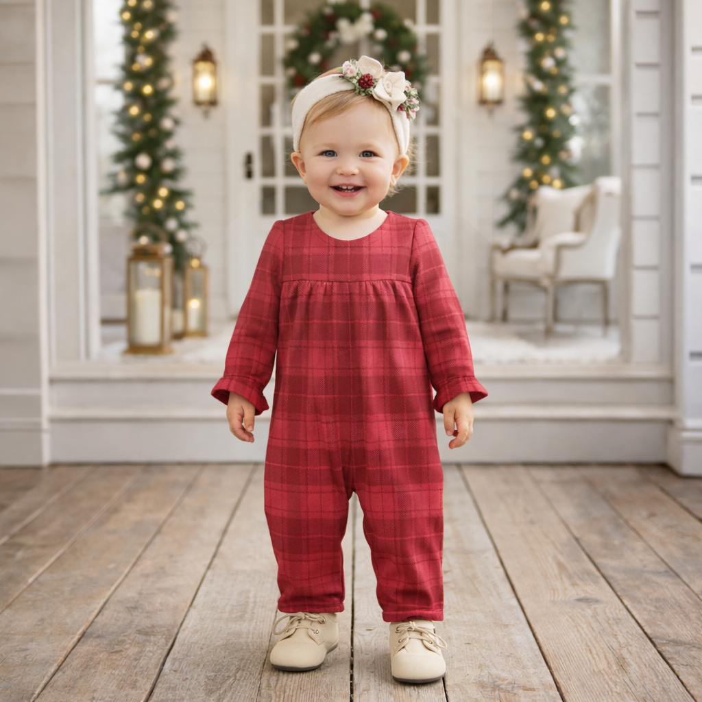 Red Plaid Baby Girl Romper With Ruffles & Puff Sleeves