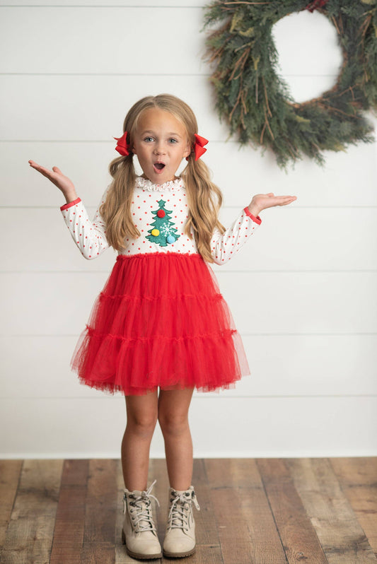 Polka Dot Pom Pom Christmas Tree Tulle Dress