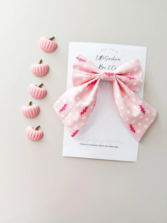 Pink & White Bats Halloween Sailor Bow