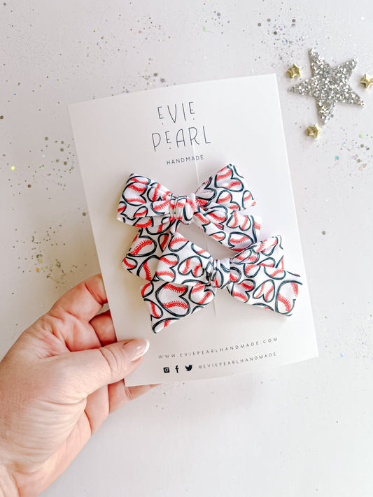 Baseball Heart Small Pinwheel Pigtail Bows