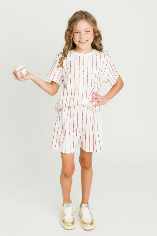 Red Sequin Striped Kid Shorts