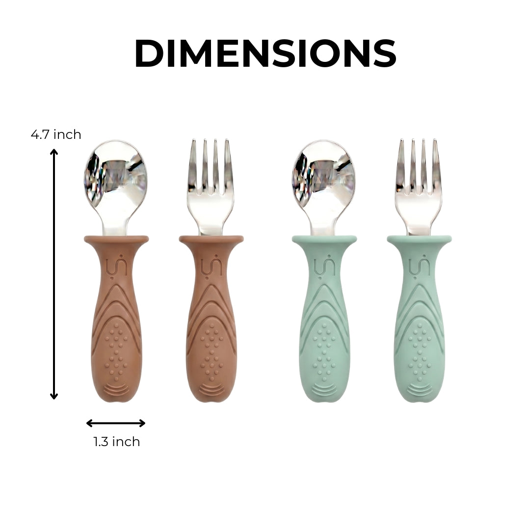 Stainless Steel Self Feeding Utensil Set of 4 (Mocha Mousse & Sage Green)