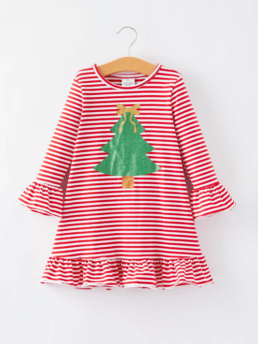 Christmas Tree Print Striped Dress