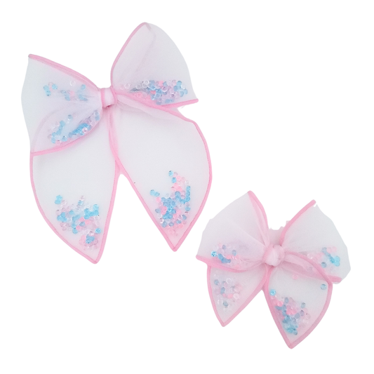 Ava Hair Bow | Hand-Tied Bow | Pink & Blue Bead Shaker