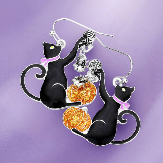Enamel Halloween Cat Dangle Earrings