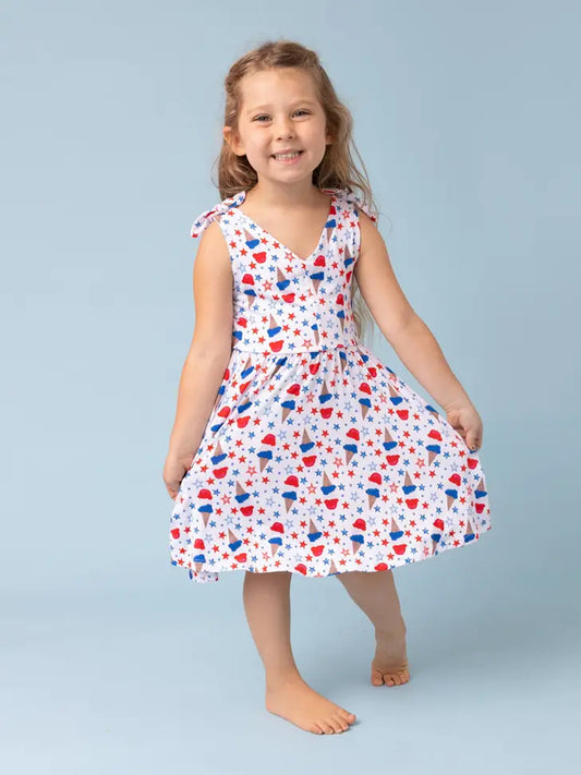 July Patriotic Ice Cream Bamboo Bow Shoulder Sleeveless Dress