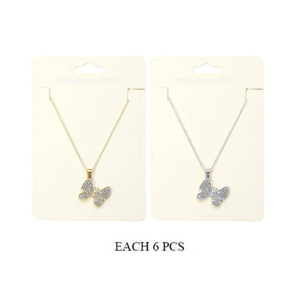 Stainless Steel Stone Paved Butterfly Pendant Necklaces