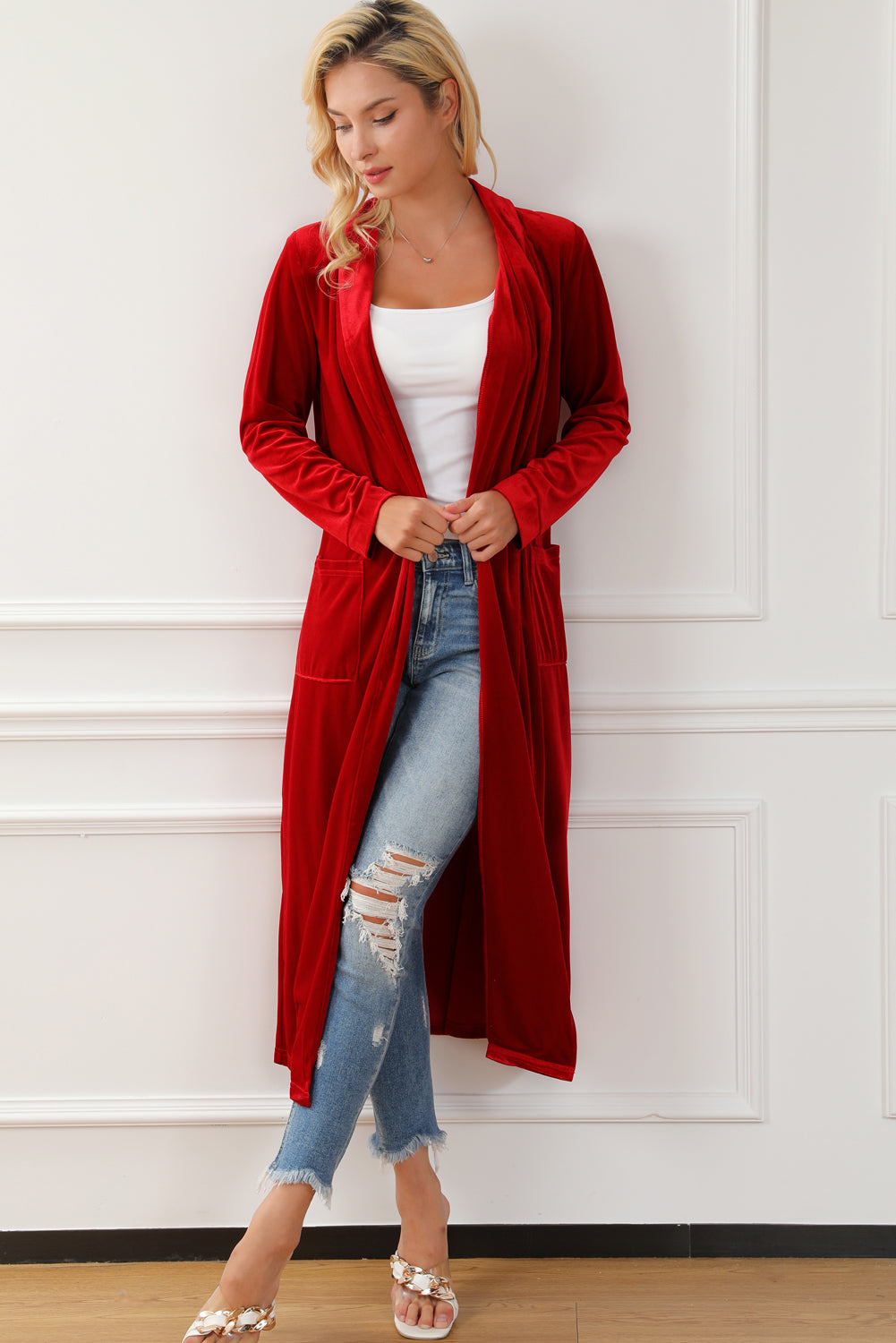 Velvet Open-Front Pocketed Cardigan