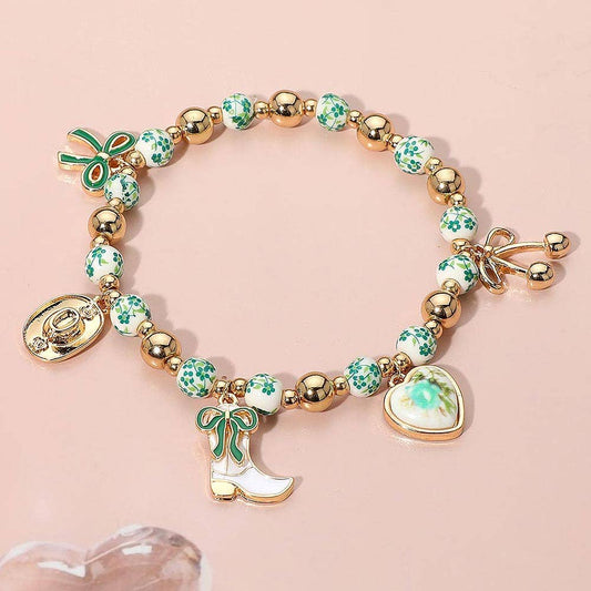 Enamel Bow Western Boot Charm Ceramic Ball Stretch Bracelet