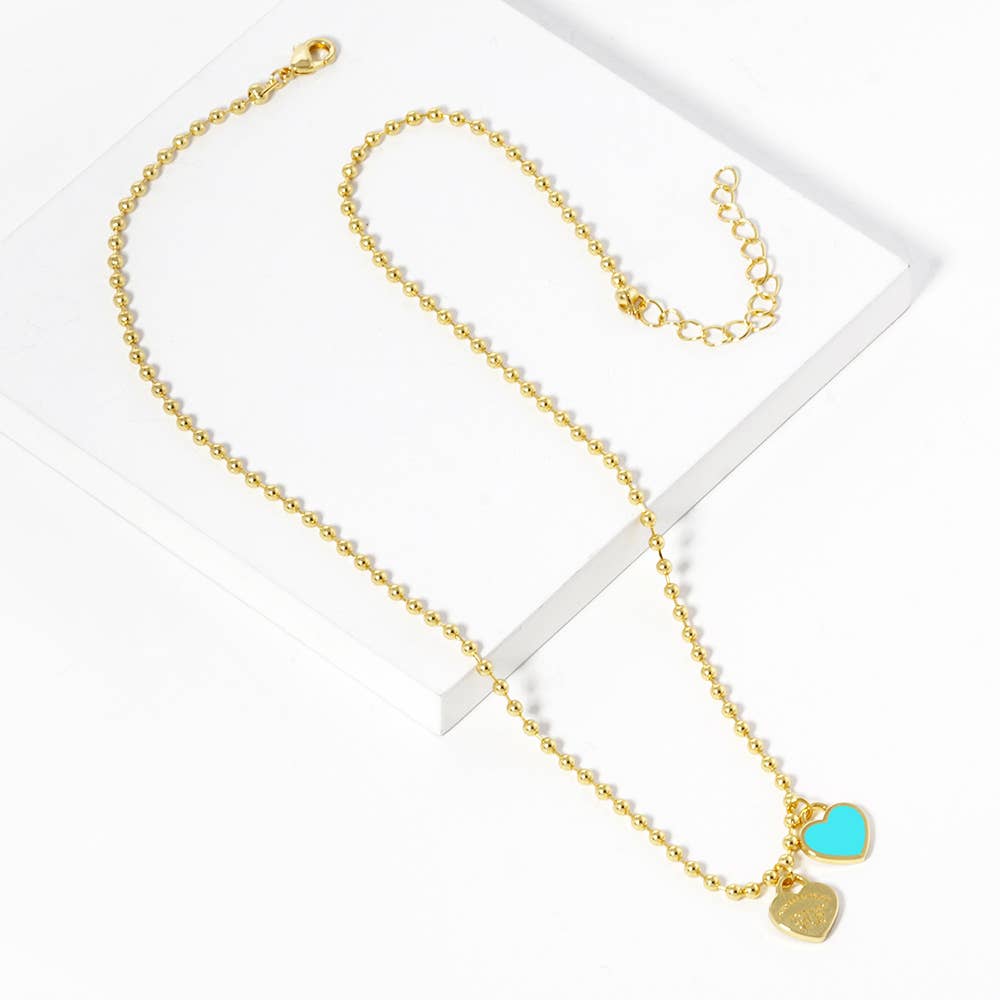 Gold Dipped Double Heart Pendant Bubble Chain Necklace