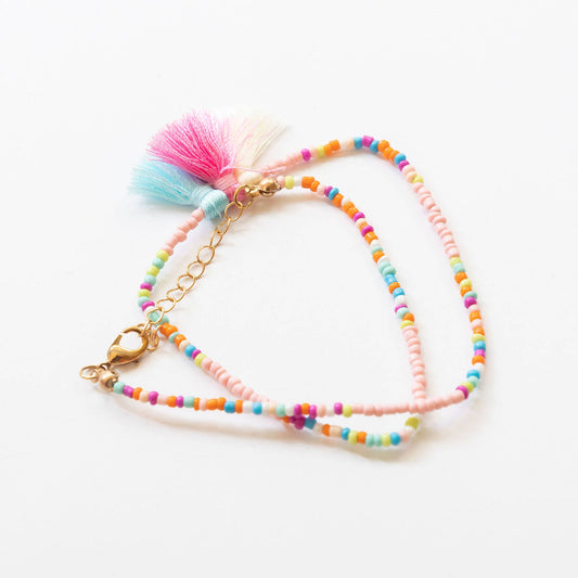 Bohemian Beads & Tassel Necklace | White & Pink & Blue