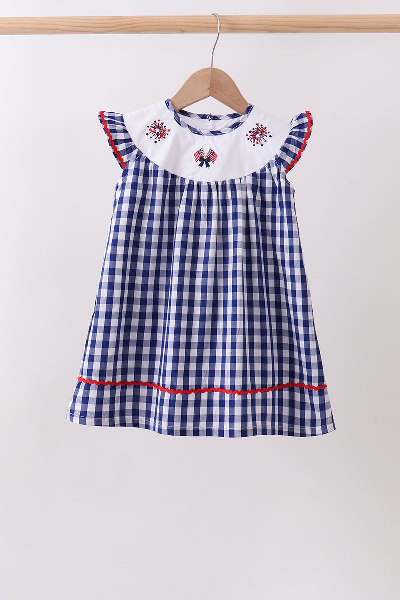 Blue flag fireworks embroidery gingham dress